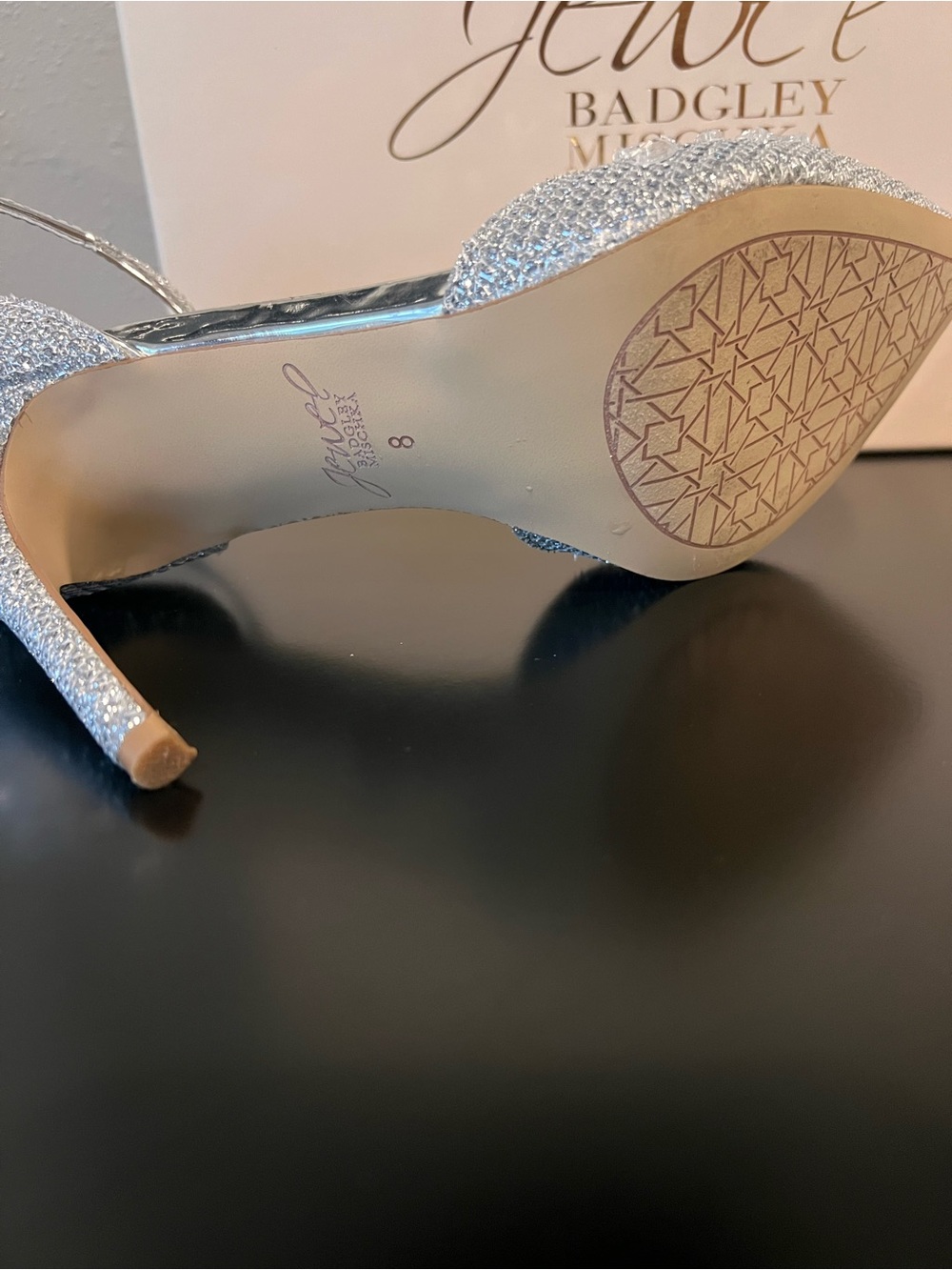 Badgley Mischka Silver Crystal Embellished T-Strap Pointed Heels - Picture 2 of 3